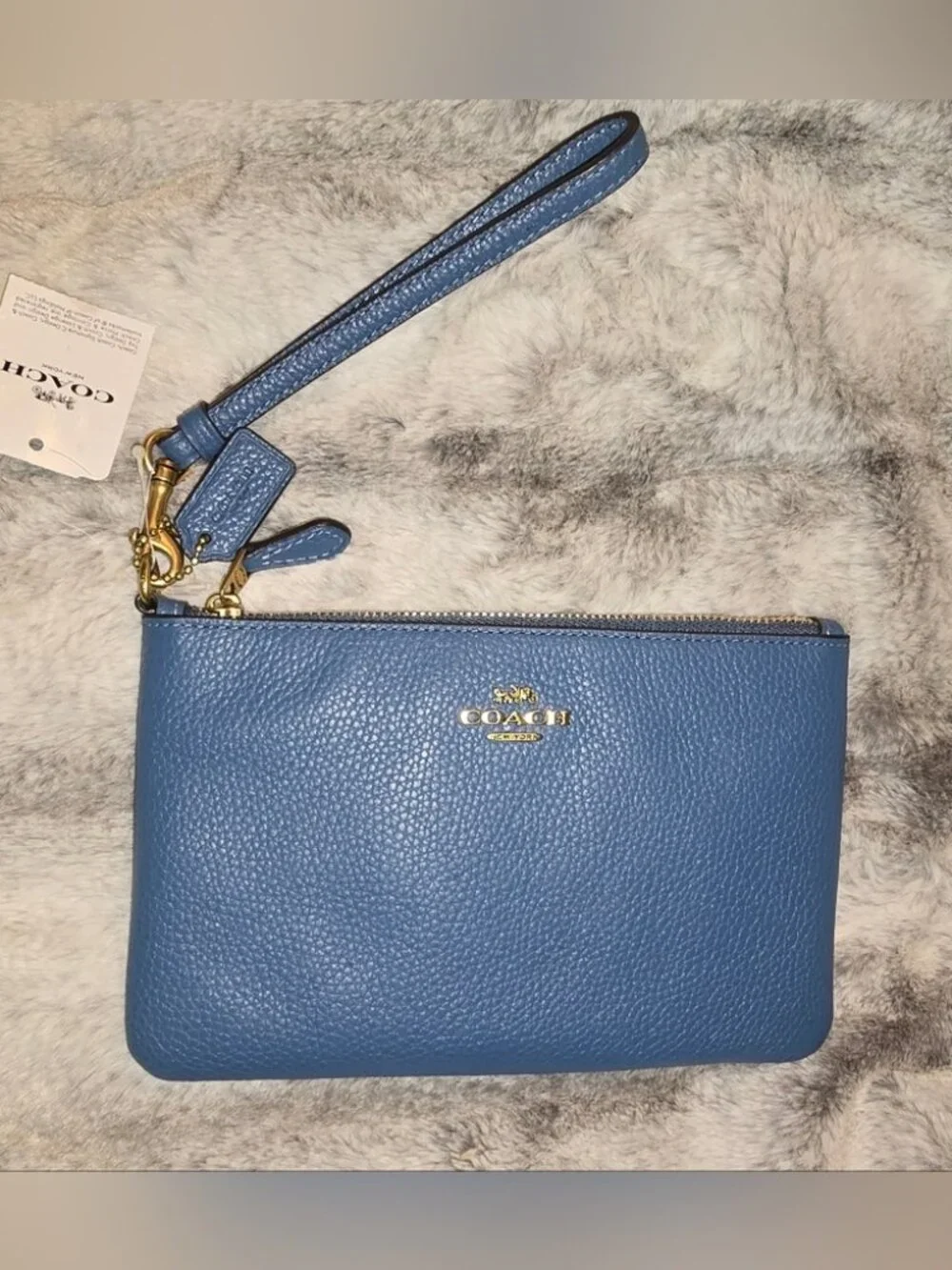 Coach Blue Pebble Leather Wristlet – Gold Hardware, Detachable Strap